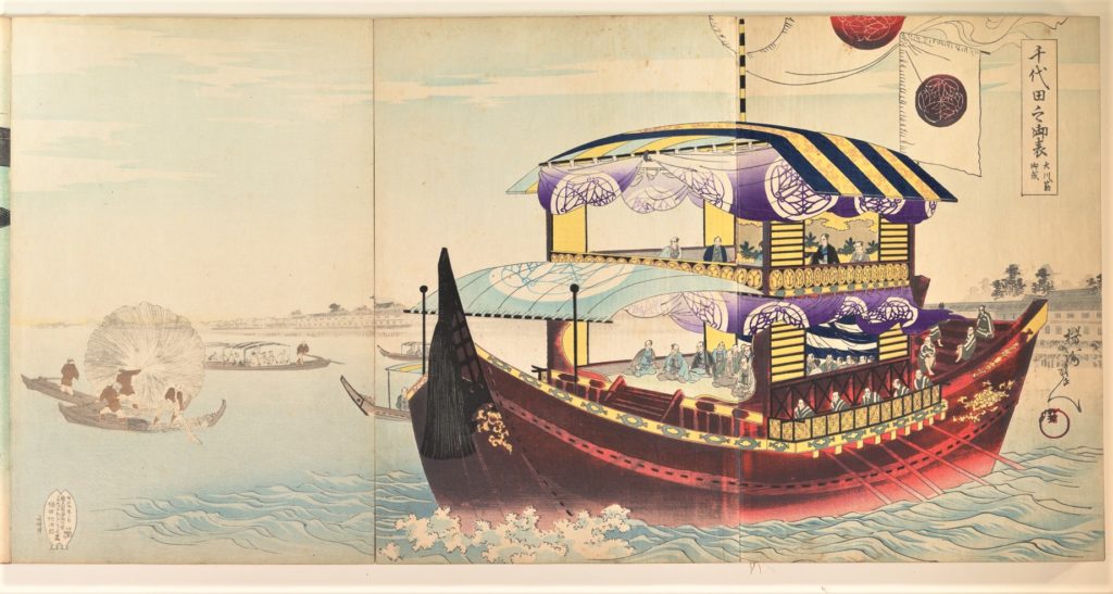 豊原周延「千代田之御表　大川筋御成」（1897、メトロポリタン美術館）の画像。